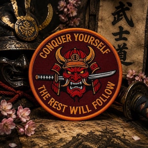 Oni Samurai Patch | Japanese Demon Mask and Katana Iron-On or Sew-On Badge | Warrior Spirit Applique for Clothing Vest/Jacket Hats Backpack