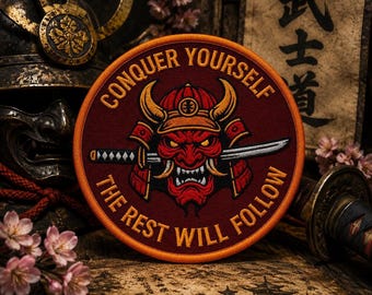Oni Samurai Patch | Japanese Demon Mask and Katana Iron-On or Sew-On Badge | Warrior Spirit Applique for Clothing Vest/Jacket Hats Backpack