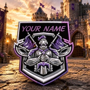 May include: A shield-shaped embroidered patch featuring a silver knight in armor holding a sword, flanked by two purple flags. The patch has a black background with purple accents and the text YOUR NAME printed in purple at the top center.