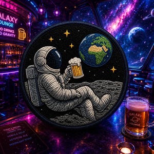 May include: A circular embroidered patch featuring an astronaut in a white suit sitting on a gray lunar surface, holding a glass of beer. Above, a blue and green Earth is visible against a black starry background with yellow four-pointed stars.
