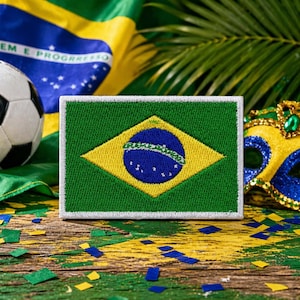 May include: A rectangular embroidered patch featuring the flag of Brazil with a green background, a yellow diamond, and a blue central globe with a white banner. The patch has a white stitched border and is displayed in a vibrant, festive setting.