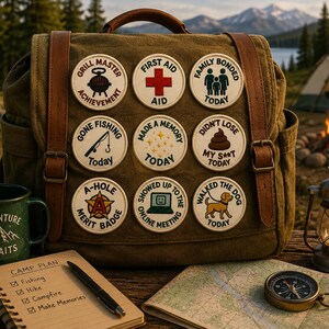 May include: An olive green canvas backpack featuring nine circular embroidered patches with various humorous and functional text designs, including Grill Master, First Aid, Family Bonded, Gone Fishing, Made a Memory, and Didn't Lose My S**t.