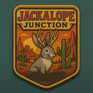 May include: Embroidered patch featuring a jackalope in a desert landscape. The patch reads "JACKALOPE JUNCTION" in red and yellow lettering. The jackalope has antlers and is surrounded by cacti and mountains, with a sunset background.