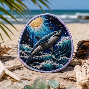May include: A triangular embroidered patch featuring a grey shark leaping from deep blue ocean waves. The scene includes a bright yellow sun, small golden stars, and a light purple border, all set against a dark blue night sky background.