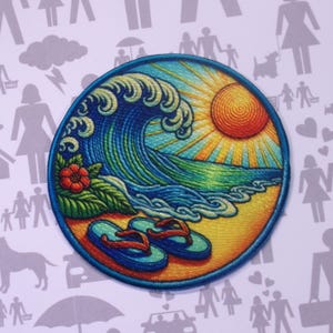 Ocean Wave Patch Iron-On Sew-On Beach Flip Flop Badge Applique for Clothing Backpacks Tote Bags, Tropical Vibes, Travel Souvenir, Vacation