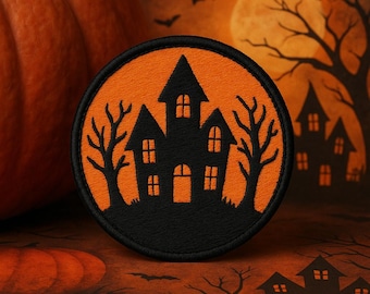 Iron-On Halloween Haunted House Patch/Paranormal Badge/Sew-On Applique for Backpacks & Jackets/Clothing/Cryptid Badge/Forest/Myths Legends