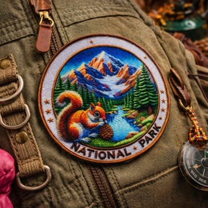 Squirrel Forest Patch Iron-On Sew-On National Park Applique for Backpack Vest Jacket, Outdoor Adventure, Mountain Nature Gift
