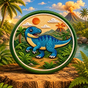 Puede incluir: Un parche redondo bordado con un dinosaurio azul con detalles amarillos, ambientado en un paisaje prehistórico. El diseño incluye un volcán, palmeras y un sol, todo enmarcado por un borde verde. Ideal para ropa o accesorios.