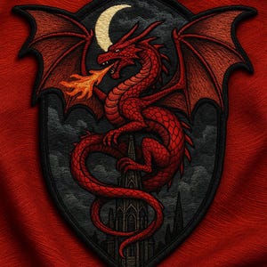 Könnte beinhalten: Gestickter Aufnäher mit einem roten Drachen, der Feuer speit, vor einem dunklen Hintergrund mit einem Halbmond. Der Drache sitzt auf einer gotischen Struktur, alles in Schildform.