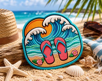 Retro Ocean Waves Beach Flip flops Patch Iron-on/Sew-on DIY Applique Clothing Vest Jacket Cap, Decorative patches, Souvenir Badge, Sports