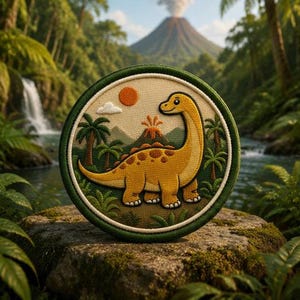 Puede incluir: Parche bordado circular que representa un dinosaurio amarillo con manchas marrones, sobre un fondo de volcán, palmeras y sol. El parche tiene un borde verde y un fondo crema, evocando un tema prehistórico.