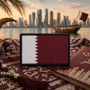May include: A rectangular embroidered patch featuring the national flag of Qatar with a white serrated band on the left and a maroon field on the right, framed by a black border, displayed as a standalone item for display or collection purposes.