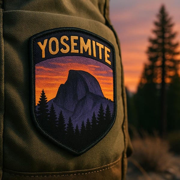 Yosemite Half Dome Sunset Patch/Park Patch/Iron-On Patch/Sew-On Applique/Silhouette of Half Dome with orange-purple sunset sky & pine trees