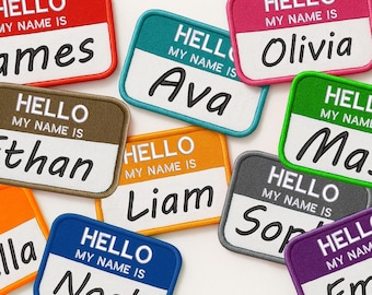 Hello My Name Is Patch Custom Iron-On Sew-On Applique for Backpack Vest Jacket, Personalized Name Badge, Retro Name Tag