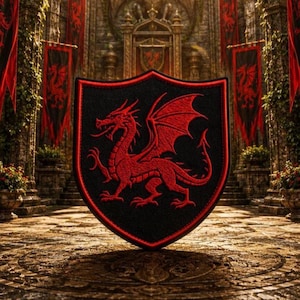 May include: A shield-shaped patch featuring a detailed red dragon embroidered on a black background with a red border. The dragon is depicted in profile with wings spread, claws extended, and a long tail, showcasing intricate stitching and texture.