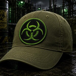 May include: An olive green baseball cap featuring a circular patch on the front. The patch has a black background with a bright lime green biohazard symbol embroidered in the center. The cap has a curved brim and stitched panel construction.