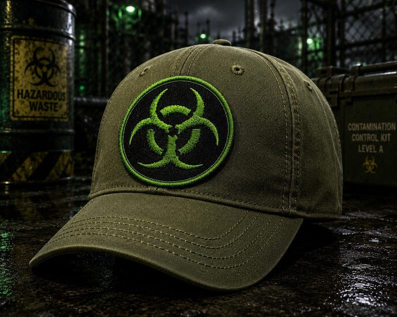 May include: An olive green baseball cap featuring a circular patch on the front. The patch has a black background with a bright lime green biohazard symbol embroidered in the center. The cap has a curved brim and stitched panel construction.