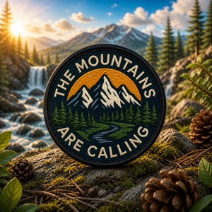 May include: Circular embroidered patch with the text "THE MOUNTAINS ARE CALLING". The patch features a mountain range design with a river and trees, set against a sunset background. The patch is on a mossy rock with pinecones.