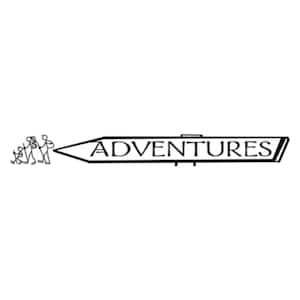 May include: Black and white signpost with the word "ADVENTURES" in a bold, sans-serif font. A small illustration of stick figures with backpacks is on the left side of the sign. The sign is pointing to the right.