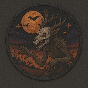 May include: Circular patch depicting a cryptid with a deer skull head, antlers, and a furry body. The design includes a full orange moon, bats, and stars against a dark sky. The patch has a black border and a textured appearance.