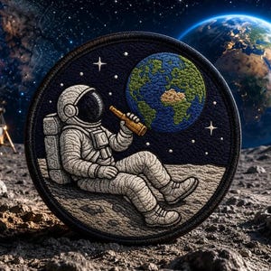 May include: A circular embroidered patch featuring an astronaut in a white suit sitting on the moon surface, holding a golden telescope. The design includes a blue and green Earth, white stars, and a dark navy background with a stitched border.