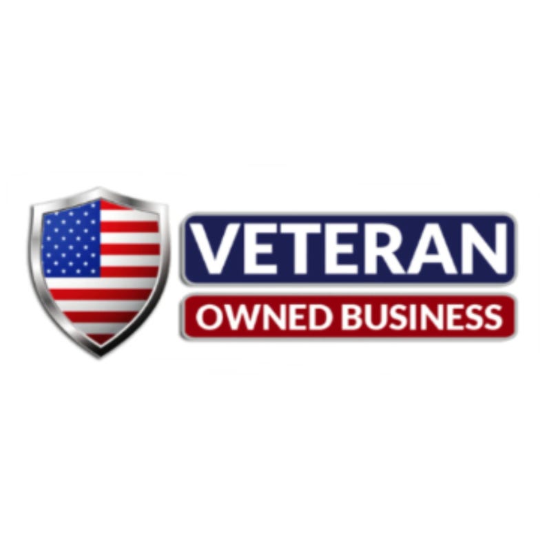 May include: A shield with the American flag design next to two rectangular signs. The top sign is blue with the word "VETERAN" in white. The bottom sign is red with the words "OWNED BUSINESS" in white.