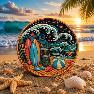 Peut inclure: Écusson brodé circulaire représentant une scène de plage avec une grande vague, des planches de surf et une boisson. Le patch a une bordure dorée et comprend un ballon de plage, des étoiles de mer et des coquillages. Le fond montre un coucher de soleil sur l'océan.