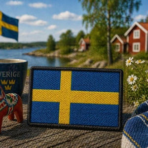 Op de afbeelding: Een blauw en geel Zweeds vlagpatch met een zwarte rand. Een rood Dala paard beeldje, een blauwe mok met "Sverige" erop en een Zweedse vlag wapperen op de achtergrond.