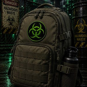 May include: A dark olive green tactical backpack featuring a circular patch with a bright neon green biohazard symbol on the front. The bag includes multiple zippered compartments, heavy-duty webbing straps, and a side mesh pocket holding a black bottle.