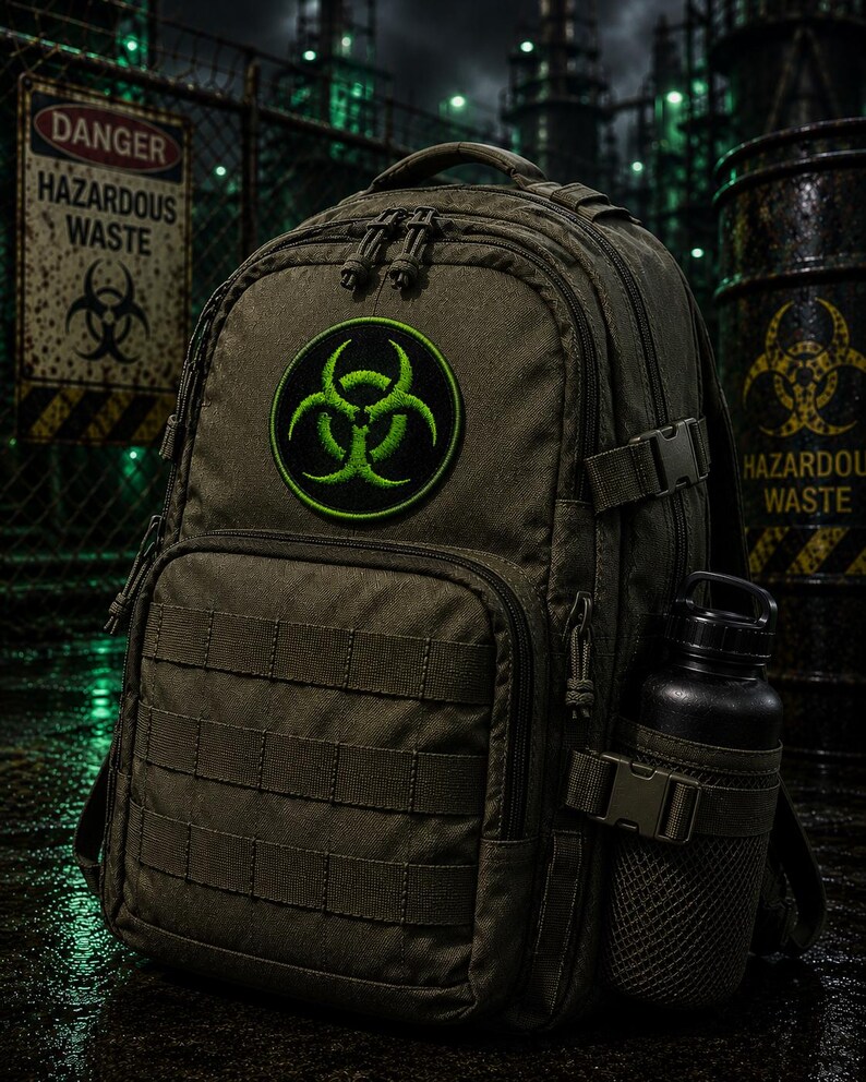 May include: A dark olive green tactical backpack featuring a circular patch with a bright neon green biohazard symbol on the front. The bag includes multiple zippered compartments, heavy-duty webbing straps, and a side mesh pocket holding a black bottle.