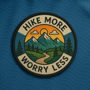Puede incluir: Parche circular con el texto "HIKE MORE WORRY LESS". El diseño presenta un paisaje montañoso con un sol, nubes y un camino, en tonos verdes, naranjas y azules.