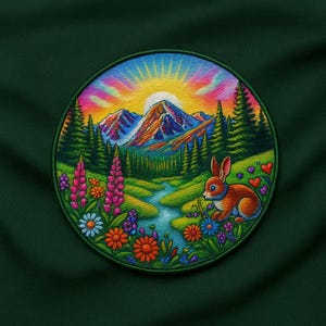 May include: Embroidered patch featuring a colorful landscape with a mountain range, river, and a rabbit. The design includes a vibrant sunset, flowers, and trees, all within a circular border. The patch is on a dark green fabric.