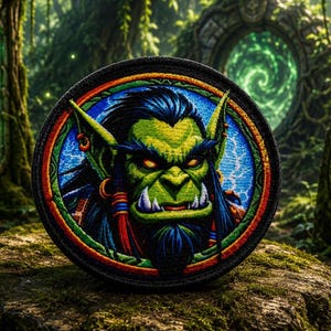 Könnte beinhalten: Ein kreisförmiger bestickter Aufnäher mit einem grünhäutigen Ork mit spitzen Ohren, dunklem Haar und markanten Stoßzähnen. Der Ork ist vor einem blauen Hintergrund mit Blitzeffekten platziert und von einem dicken schwarzen Rand mit orangefarbenen und grünen Akzenten umgeben.
