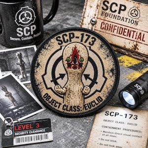 May include: A circular embroidered patch featuring a tan, humanoid figure with a red and black face, labelled SCP-173 and OBJECT CLASS: EUCLID. The design includes the SCP Foundation logo, a black border, and distressed texture details.