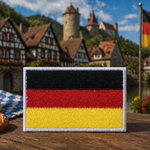May include: A rectangular patch featuring the German flag, with black, red, and yellow horizontal stripes. A stein with the word "Deutschland" and a pretzel are in the foreground. A German flag waves in the background.