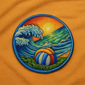 Ocean Wave Patch Iron-On Sew-On Beach Volleyball Badge Applique for Clothing Backpacks Tote Bags, Tropical Vibes, Travel Souvenir, Vacation