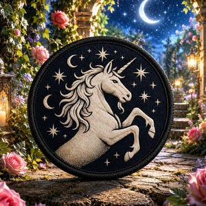 Può includere: Una toppa circolare nera con un unicorno bianco ricamato che si impenna, circondato da stelle e lune crescenti bianche. Il design è dettagliato con cuciture fini, che mettono in risalto la criniera, il corno e gli zoccoli su sfondo scuro.