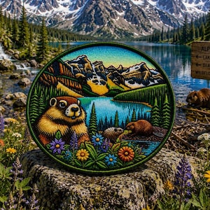 Puede incluir: Un parche bordado circular que presenta un paisaje detallado de un lago de montaña con una marmota en primer plano, rodeada de flores silvestres coloridas. La escena incluye un lago azul, árboles perennes y picos escarpados.