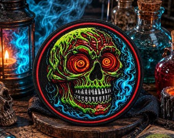 Undead Skull Patch Iron On Sew On Applique for Jackets Vests Backpacks, Zombie Horror Badge, Glowing Eyes, Melting Head, Halloween Costume