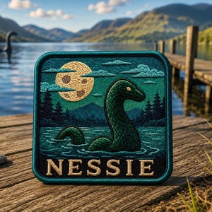 May include: A square embroidered patch featuring a dark green sea creature emerging from water at night. The scene includes a large yellow moon, dark pine trees, and clouds against a teal sky. The word NESSIE is stitched in beige capital letters.