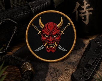 Oni Samurai Patch | Japanese Demon Mask and Katana Iron-On or Sew-On Badge | Warrior Spirit Applique for Jackets & Bags