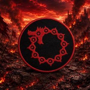 May include: A circular embroidered patch featuring a black background with a red border and a red dragon symbol in the center. The dragon is depicted in a circular, serpent-like form, biting its own tail, creating a continuous ring design.
