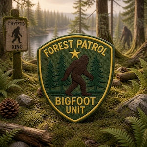 May include: A green and gold Forest Patrol Bigfoot Unit patch featuring a brown Bigfoot silhouette, a gold star, and the text "Forest Patrol" and "Bigfoot Unit". A sign that says "Cryptid Xing" is in the background.