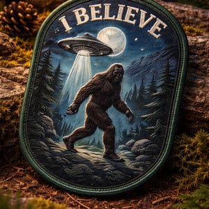 May include: Oval patch with the words "I BELIEVE" above an image of Bigfoot being beamed up by a UFO. The background features a forest scene with a full moon and stars. The patch has a green border.