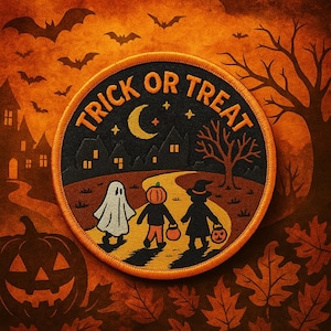 May include: Round Halloween patch with the words "Trick or Treat" in orange. The patch features a ghost, a pumpkin-headed figure, and a witch walking on a path. A crescent moon, stars, and houses are in the background. Bats and leaves are in the background.