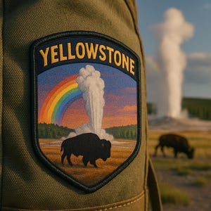 Iron-On Yellowstone Old Faithful Park Patch/Sew-On Clothing Applique/Geyser eruption with a rainbow mist and bison silhouette in foreground
