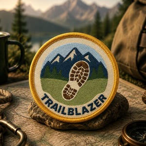 May include: Embroidered patch with a mountain and footprint design. The patch features a blue sky, green grass, and a brown boot print. The text "TRAILBLAZER" is in blue. The patch is on a rock, with a map, compass, and mug in the background.