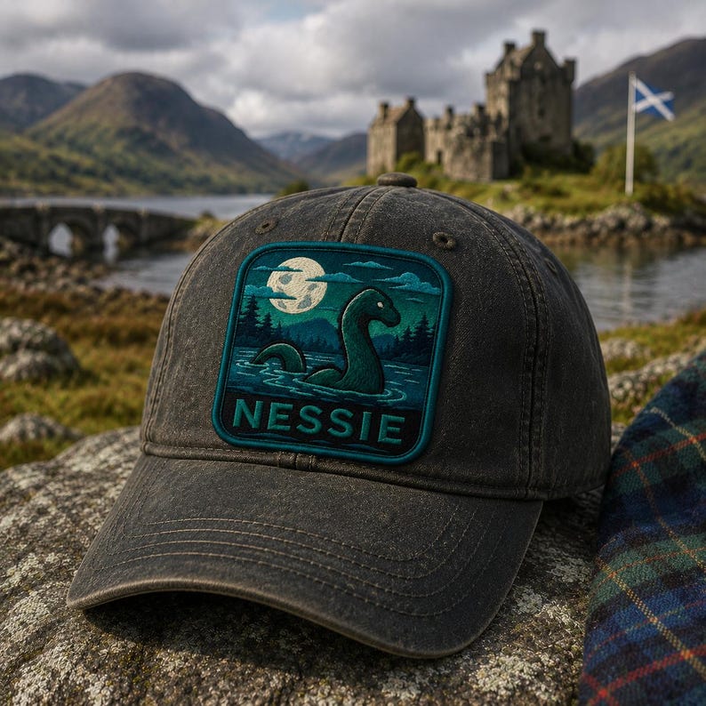 May include: A charcoal gray baseball cap featuring a square patch on the front. The patch displays a dark green illustration of the Loch Ness Monster in water under a full moon, with the text NESSIE printed in bold teal letters at the bottom.