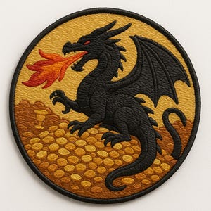 May include: Circular embroidered patch depicting a black dragon breathing fire. The dragon has red eyes and is set against a gold background with gold coins. The patch has a black border.