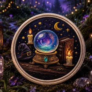 May include: A circular embroidered patch featuring a glowing crystal ball on a gold stand, a pointed hat, two lit candles, and a closed book against a dark starry night sky with a crescent moon, all framed by a thick, light-colored stitched border.